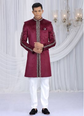 Velvet Wedding Sherwani with Cutdana Work for Men in Crimson and White