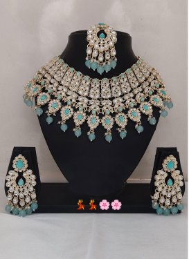 Versatile Gold Rodium Polish Aqua Blue and Off White Beads Work Necklace Set