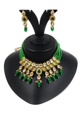 Versatile Gold Rodium Polish Green and White Necklace Set For Festival