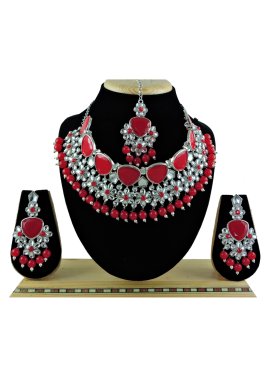 Versatile Red and White Silver Rodium Polish Beads Work Necklace Set