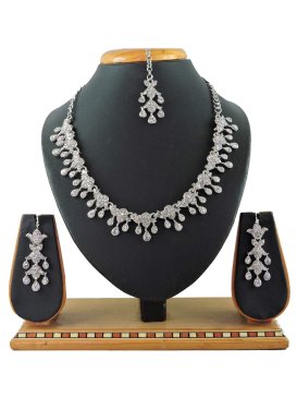 Versatile Silver Rodium Polish Beads Work Necklace Set For Festival