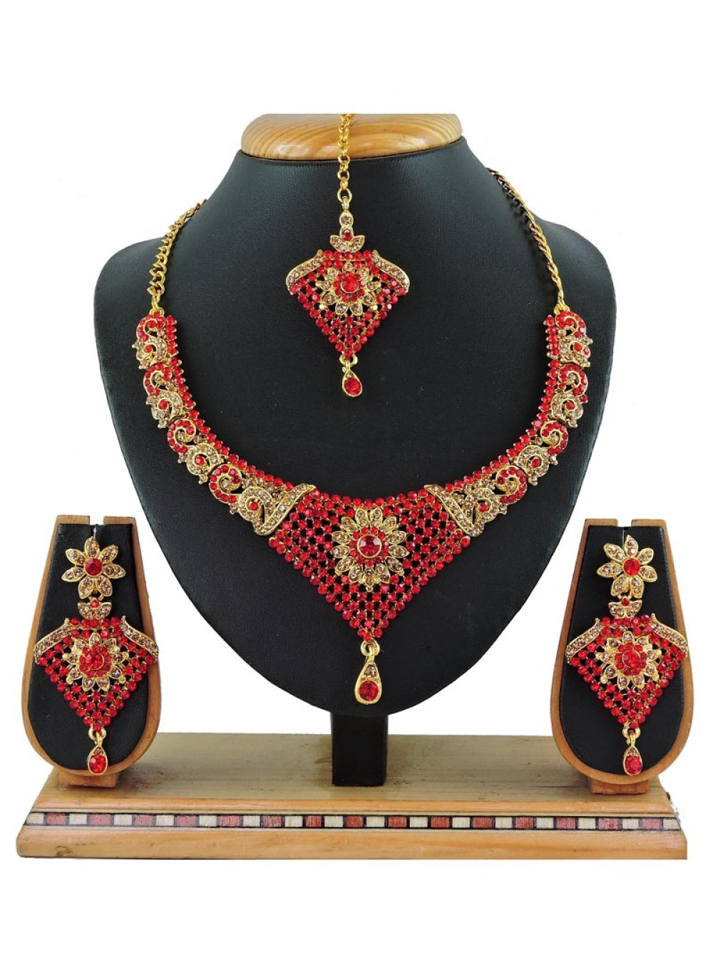 Versatile Stone Work Gold and Red Gold Rodium Polish Necklace Set