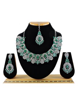 Versatile Stone Work Green and White Silver Rodium Polish Necklace Set