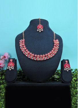 Versatile Stone Work Rose Pink and White Gold Rodium Polish Necklace Set