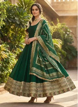 Vichitra Silk Anarkali Suit in Green with Embroidered Work for Women