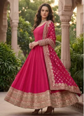 Vichitra Silk Anarkali Suit with Embroidered Work for Festival in Rose Pink