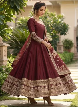 Vichitra Silk Anarkali Suit with Embroidered Work in Maroon for Party
