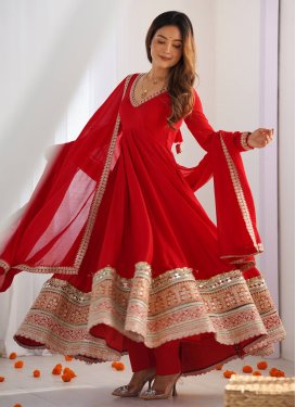 Vichitra Silk Anarkali Suit with Embroidered Work in Red for Festival