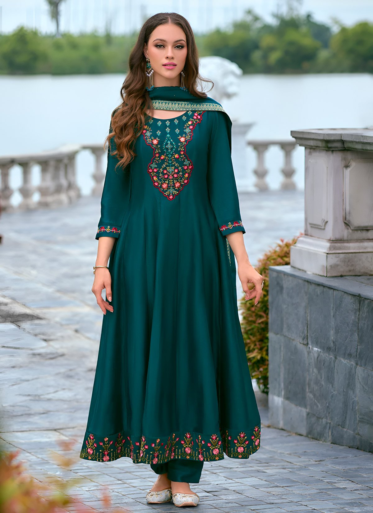 Lilac Vichitra Silk Embroidered Cape Anarkali Suit Set main image 1