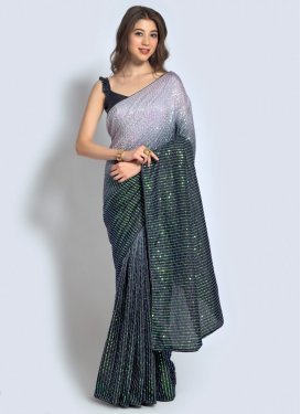 Vichitra Silk Black and Grey Embroidered Work Designer Traditional Saree