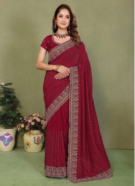 Vichitra Silk Classic Saree with Embroidered Work for Ceremonial in Maroon