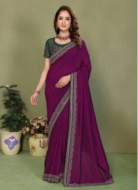 Vichitra Silk Classic Saree with Embroidered Work for Ceremonial in Purple