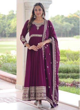 Vichitra Silk Designer Gown with Embroidered Work for Women in Purple