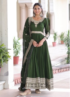 Vichitra Silk Designer Gown with Embroidered Work in Green for Festival