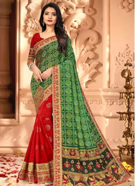 Vichitra Silk Green and Red Half N Half Designer Saree