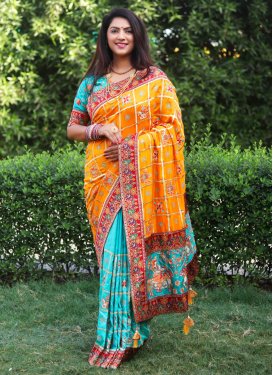 Vichitra Silk Light Blue and Orange Diamond Work Trendy Designer Saree