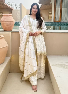 Vichitra Silk Palazzo Suit in Off White with Embroidered Work for Festival