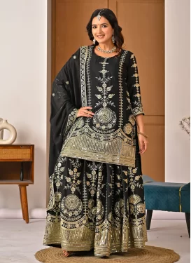 Vichitra Silk Palazzo Suit with Embroidered Work in Black