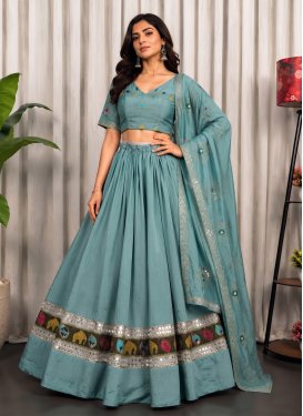 Vichitra Silk Readymade Lehenga Choli with Embroidered Work for Festival in Aqua Blue