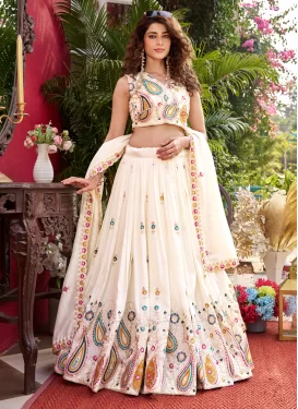 Vichitra Silk Readymade Lehenga Choli with Embroidered Work for Festival in Off White