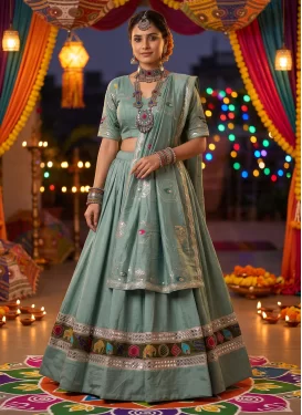 Vichitra Silk Readymade Lehenga Choli with Embroidered Work in Aqua Blue