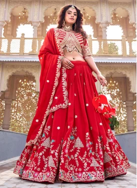 Vichitra Silk Readymade Lehenga Choli with Embroidered Work in Red for Festival