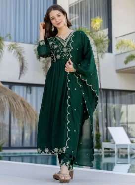 Vichitra Silk Readymade Salwar Suit in Bottle Green with Embroidered Work for Ceremonial