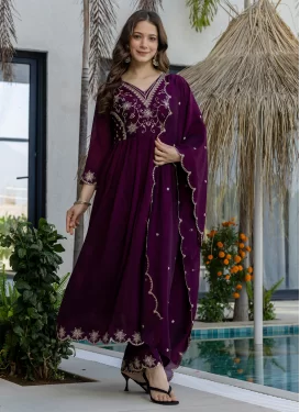 Vichitra Silk Readymade Salwar Suit in Purple with Embroidered Work for Women