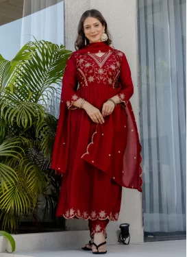 Vichitra Silk Readymade Salwar Suit in Red with Embroidered Work for Ceremonial
