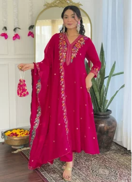 Vichitra Silk Readymade Salwar Suit with Embroidered Work for Festival in Rose Pink