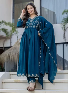 Vichitra Silk Readymade Salwar Suit with Embroidered Work in Navy Blue for Festival