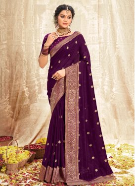 Vichitra Silk Traditional Saree in Purple with Embroidered Work for Casual