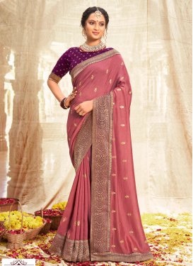 Vichitra Silk Traditional Saree in Salmon with Embroidered Work for Casual