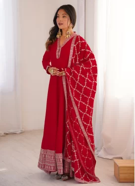 Vichitra Silk Trendy Gown in Red with Embroidered Work for Festival