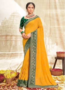 Vichitra Silk Trendy Saree with Embroidered Work for Women in Green and Mustard