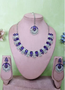 Violet and White Stone Work Silver Rodium Polish Necklace Set