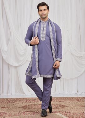 Violet Fancy Fabric Kurta Pajama With Jacket with Embroidered Work for Festival