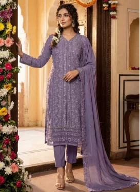 Violet Georgette Straight Suit with Embroidered Work for Ceremonial