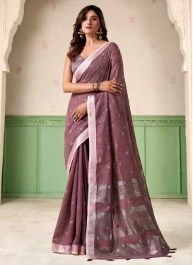 Violet Linen Traditional Saree with Woven Work for Ceremonial
