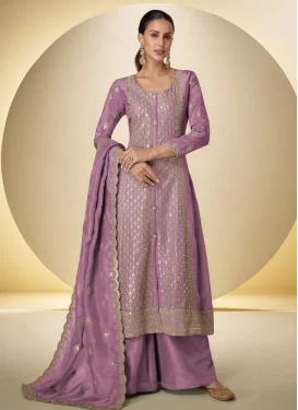 Violet Shimmer Embroidered Work Palazzo Suit for Women