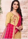 Embroidered Work Gold and Rose Pink Cotton Pant Style Straight Salwar Suit - 1