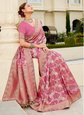 Viscose Classic Saree in Hot Pink with Swarovski Work for Women