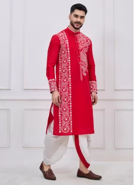 Viscose Dhoti Kurta in Red with Embroidered Work for Men