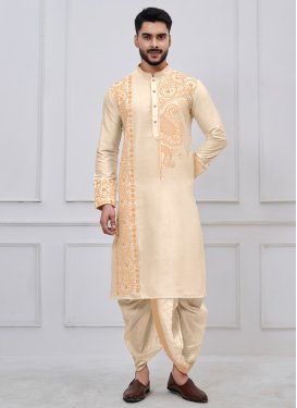 Viscose Dhoti Kurta with Embroidered Work for Men in Cream