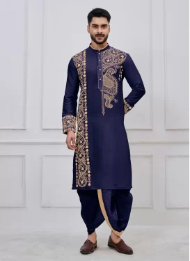 Viscose Dhoti Kurta with Embroidered Work for Men in Navy Blue