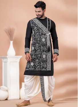Viscose Dhoti Kurta with Embroidered Work in Black and White