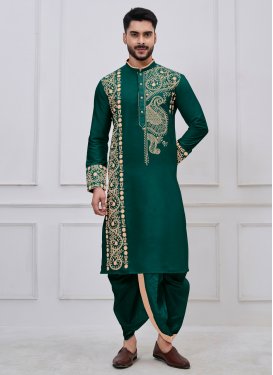 Viscose Dhoti Kurta with Embroidered Work in Bottle Green