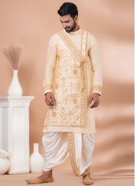 Viscose Dhoti Kurta with Embroidered Work in Cream and White