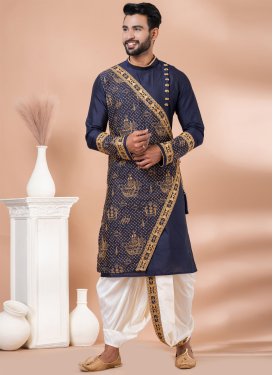 Viscose Dhoti Kurta with Embroidered Work in Navy Blue and White