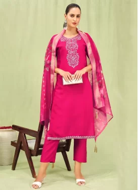Viscose Embroidered Work Readymade Salwar Suit in Rose Pink